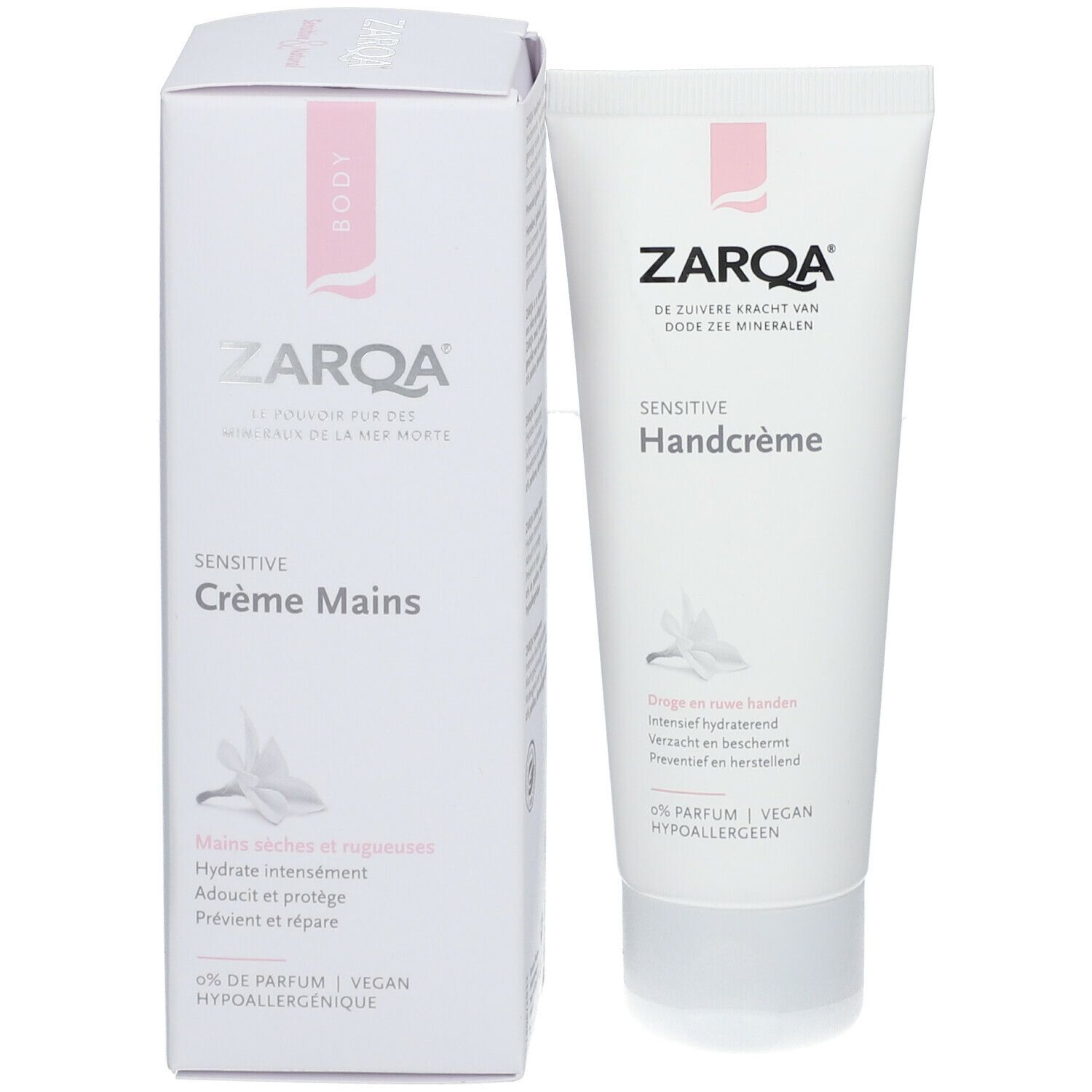 ZARQA Sensitive Crème Mains et emballage. Tube et boîte blancs. Accents roses. Vegan.