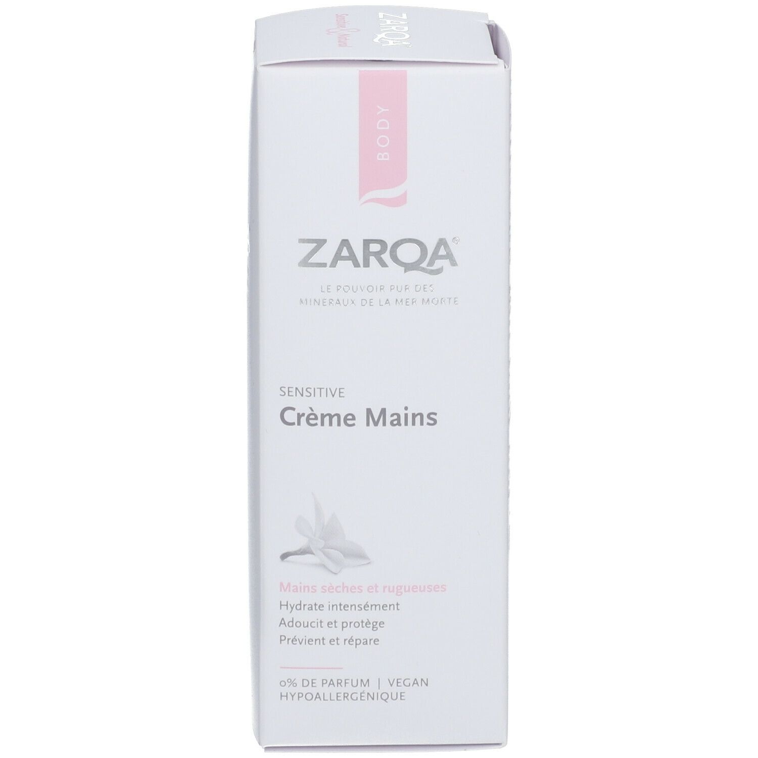 Boîte blanche ZARQA Sensitive Crème Mains. Logo et texte roses. Vegan.