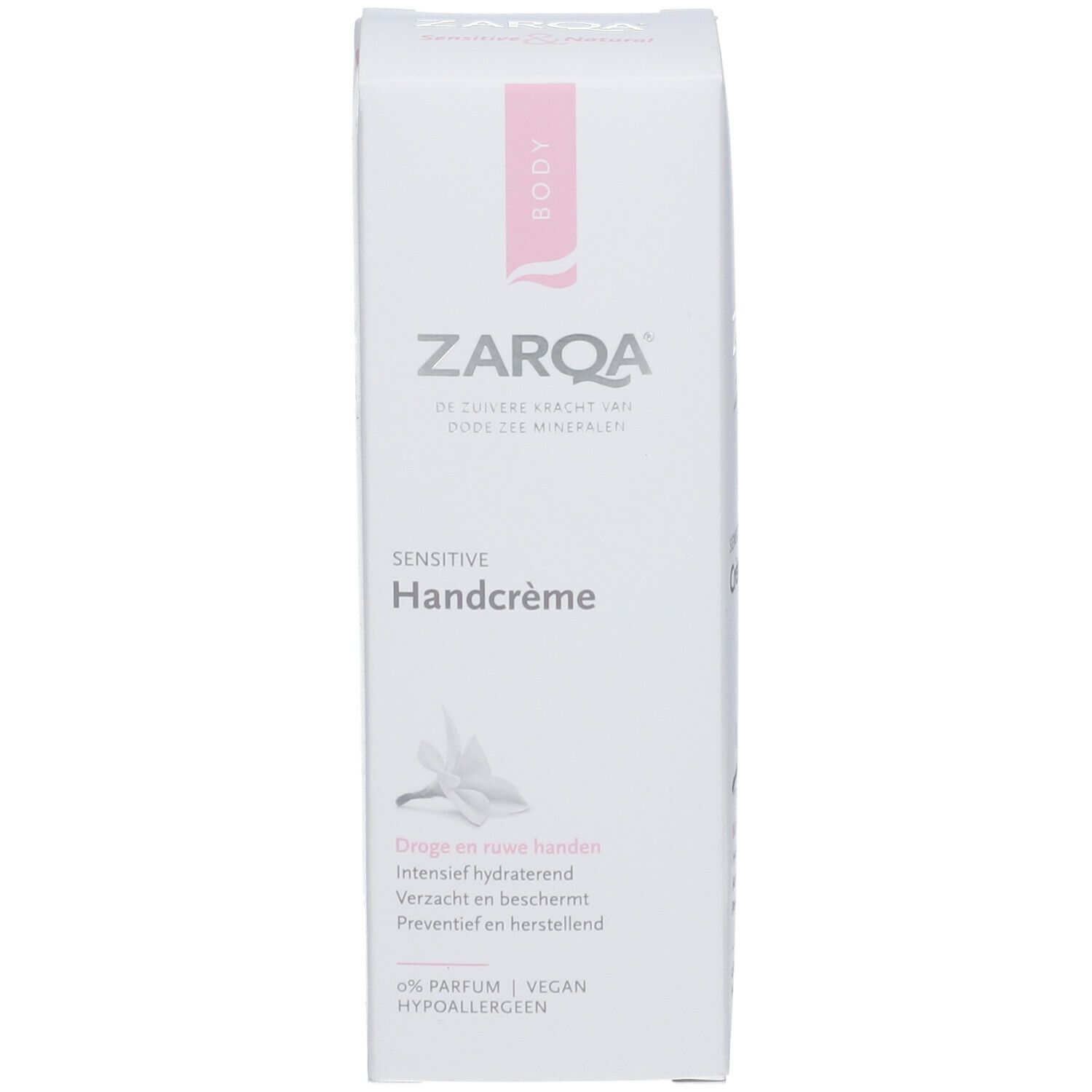 Boîte blanche ZARQA Sensitive Handcrème. Logo et texte roses. Vegan.