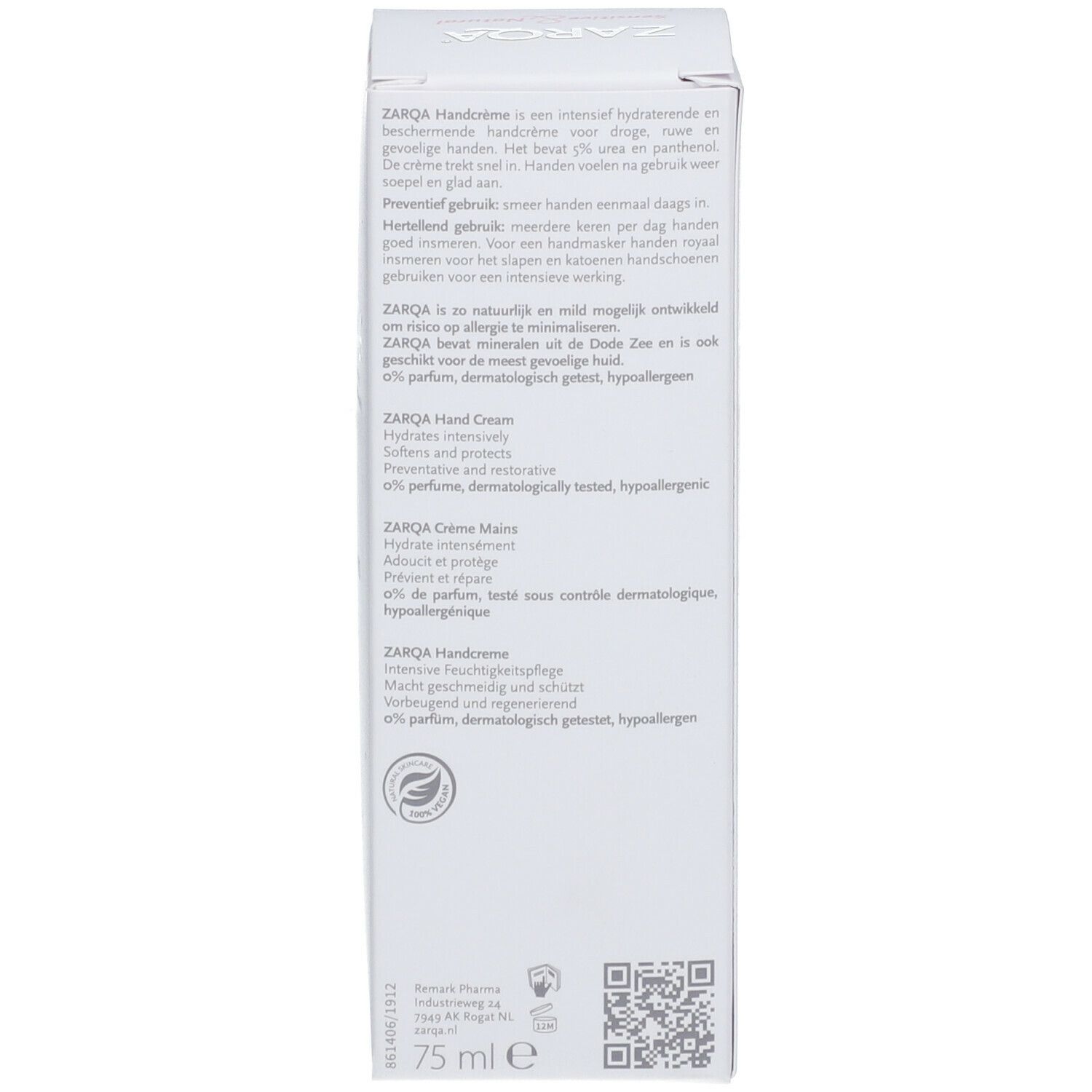 Dos de l'emballage ZARQA Handcrème. Texte multilingue. 75 ml. Label vegan.
