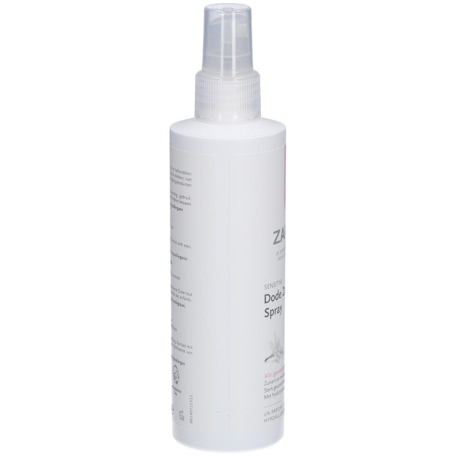 ZARQA Sensitive Dode Zee Zout Spray. Weiße Flasche, Seitenansicht. Text auf dem Etikett. Sprühkopf oben.