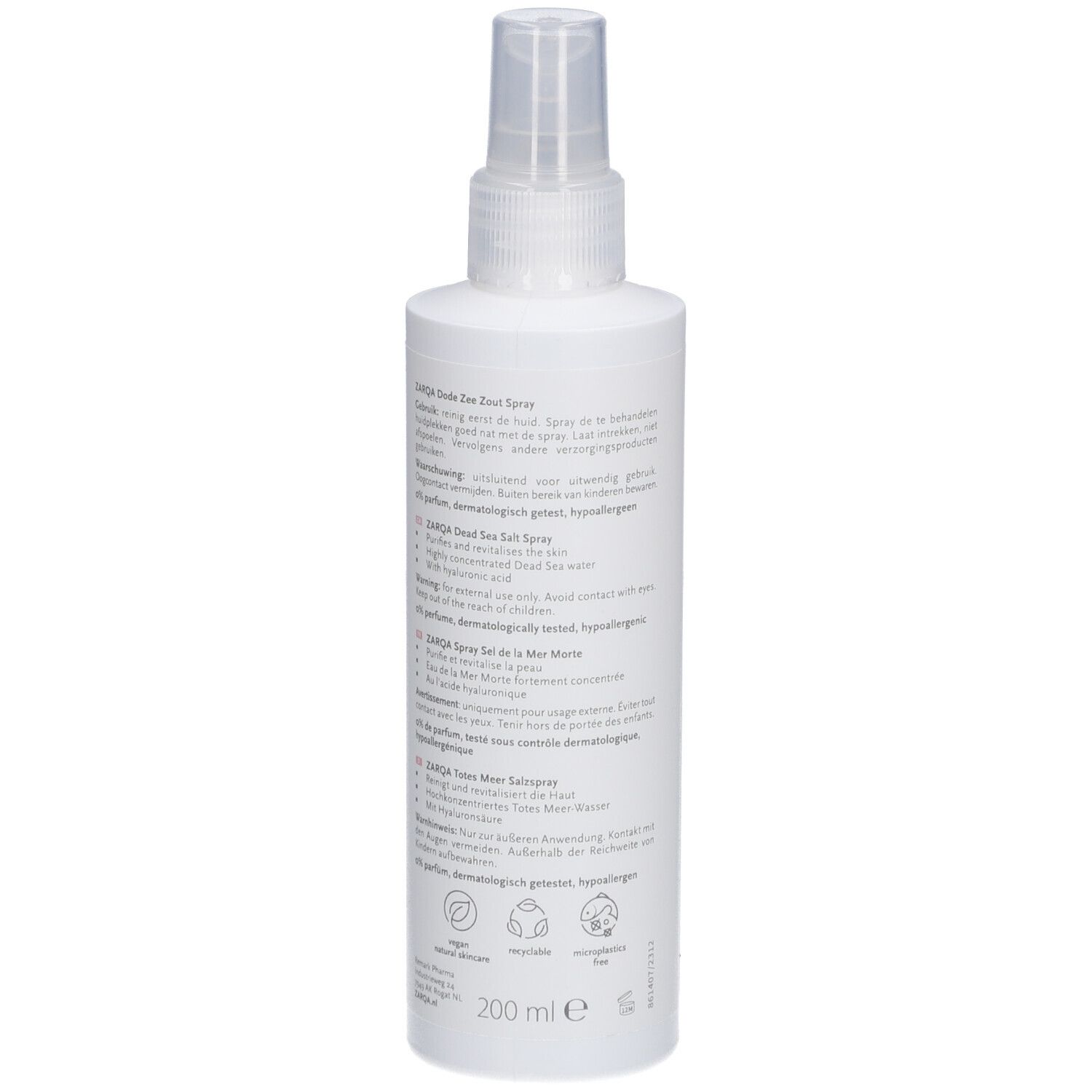 ZARQA Sensitive Dode Zee Zout Spray. Rückseite der weißen Flasche. Text in mehreren Sprachen. 200 ml.
