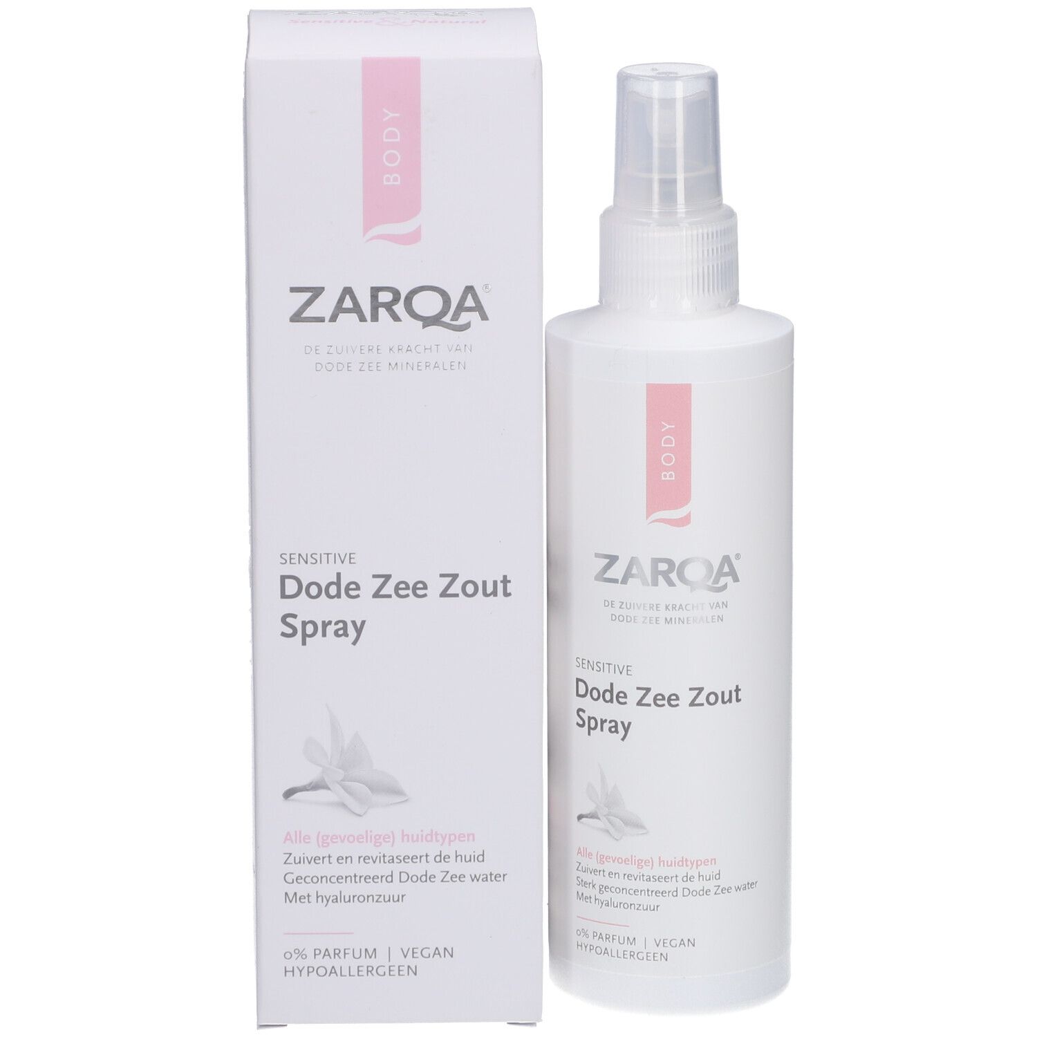 ZARQA Sensitive Dode Zee Zout Spray und Verpackung. Weiße Flasche und Schachtel. Rosa Akzente.