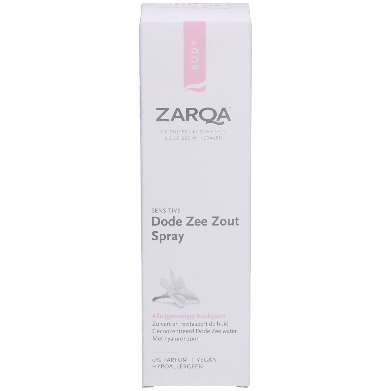 ZARQA Sensitive Dode Zee Zout Spray Verpackung. Weiße Schachtel mit rosa Akzenten und Produktnamen.
