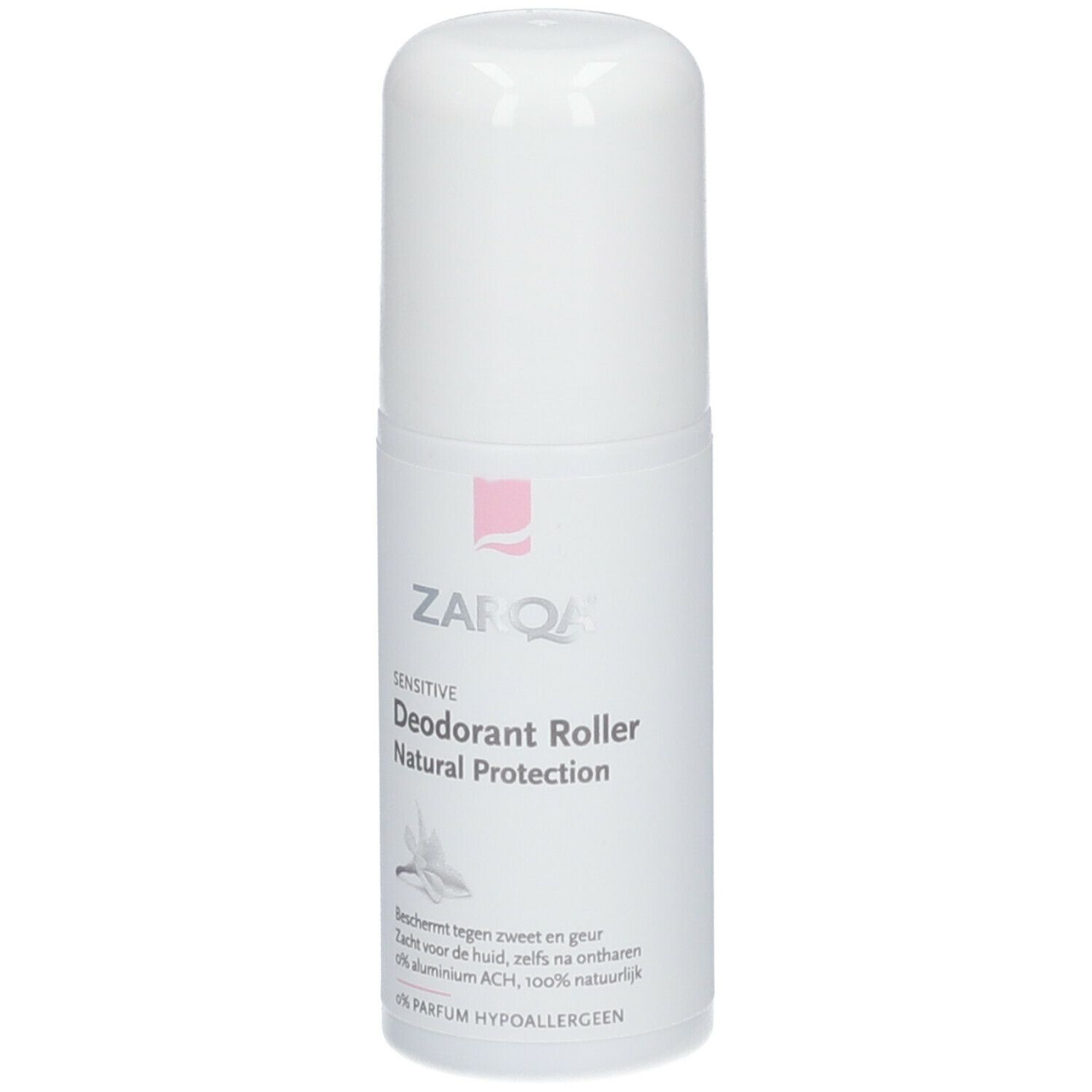 Weißer Deoroller mit Kappe. Aufschrift: ZARQA Sensitive Deodorant Roller Natural Protection.