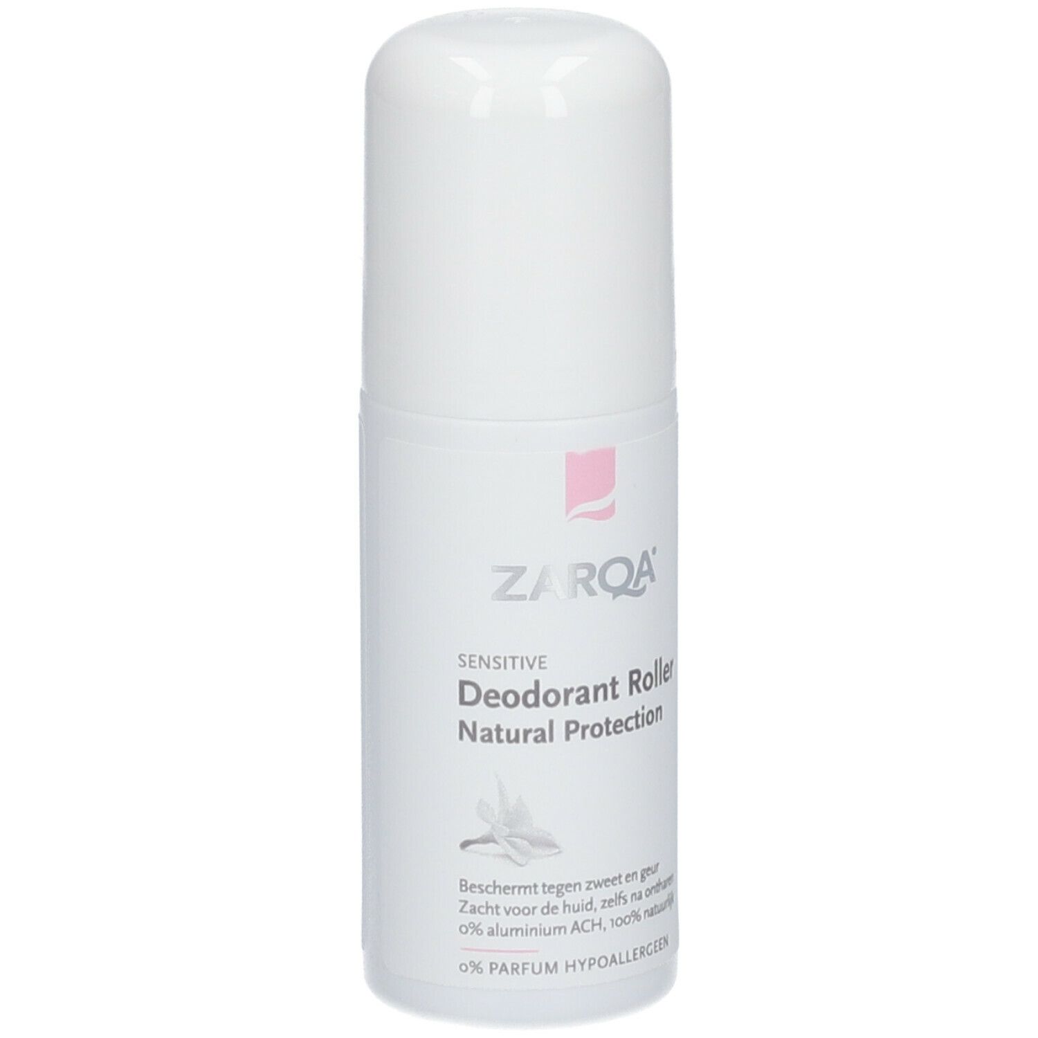 Weißer Deoroller mit Kappe. Aufschrift: ZARQA Sensitive Deodorant Roller Natural Protection.