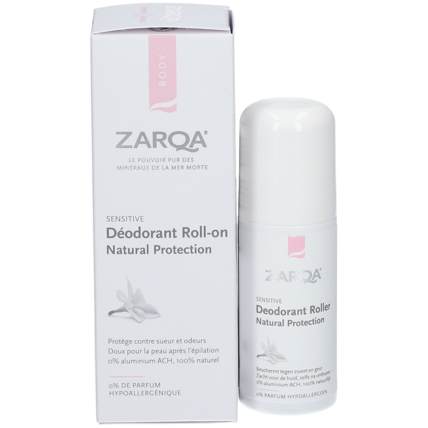 Weißer Deoroller und Verpackung. Aufschrift: ZARQA Sensitive Déodorant Roll-on Natural Protection.