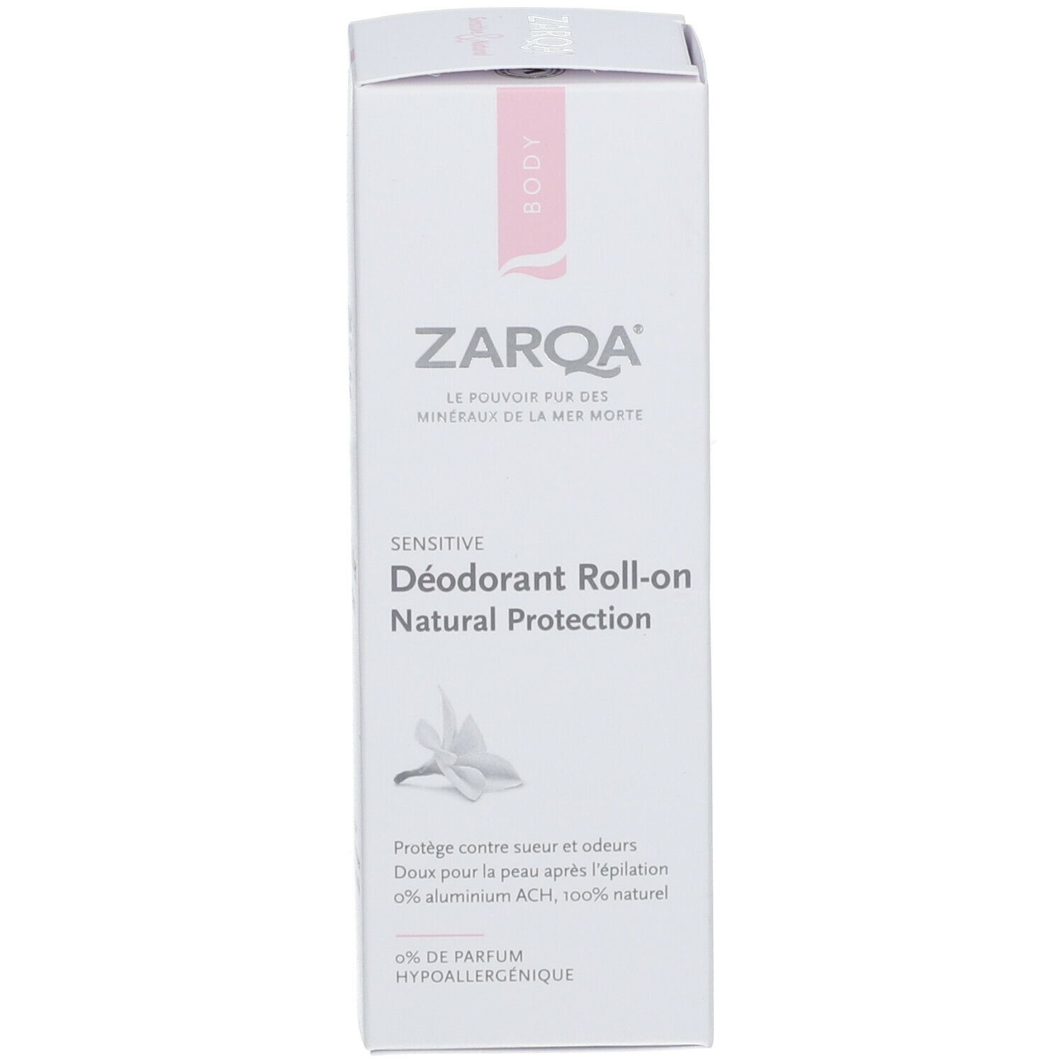 Verpackung. Aufschrift: ZARQA Sensitive Déodorant Roll-on Natural Protection.