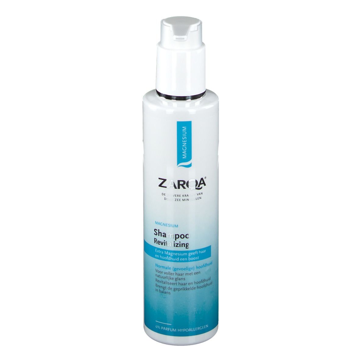 ZARQA Magnesium Shampoo. Weiße Flasche mit blauem Etikett. Pumpverschluss. Text: Magnesium, Shampoo Revitalizing.
