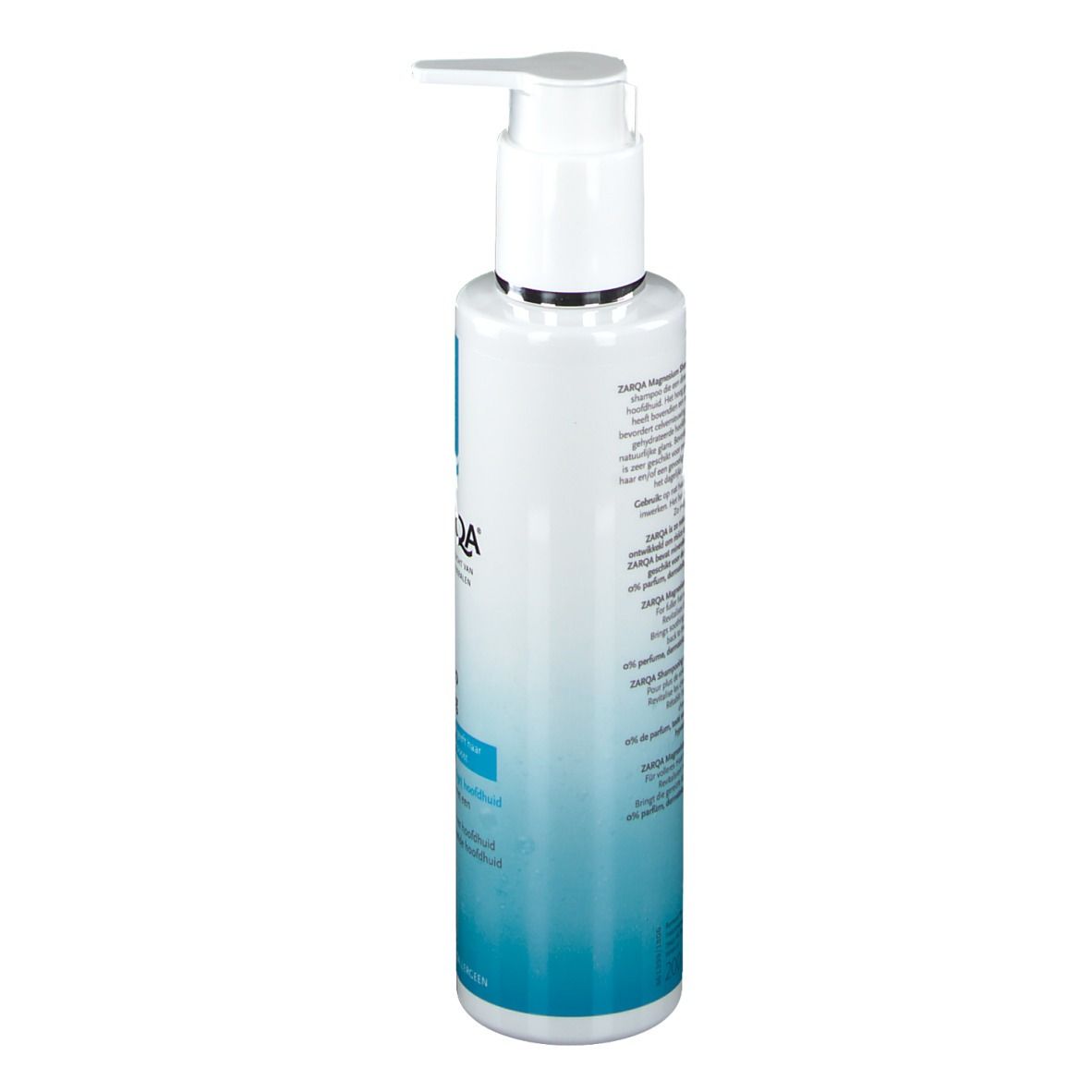 ZARQA Magnesium Shampoo. Weiße Flasche mit blauem Etikett. Pumpverschluss. Text auf der Rückseite.