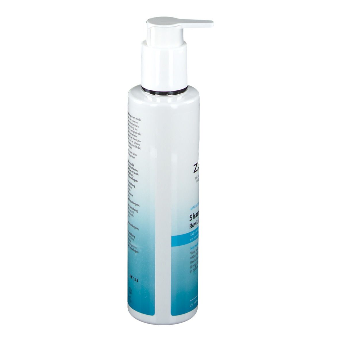 ZARQA Magnesium Shampoo. Weiße Flasche mit blauem Etikett. Pumpverschluss. Text auf der Rückseite.