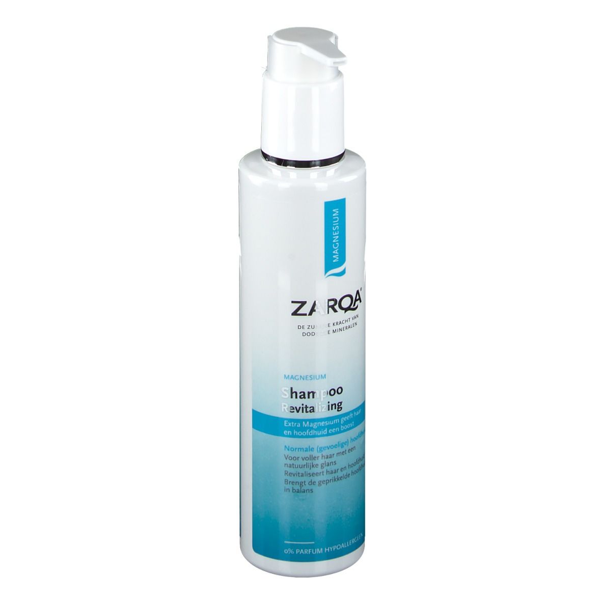 ZARQA Magnesium Shampoo. Weiße Flasche mit blauem Etikett. Pumpverschluss. Text: Magnesium, Shampoo Revitalizing.