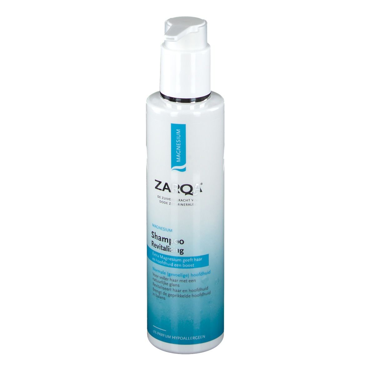 ZARQA Magnesium Shampoo. Weiße Flasche mit blauem Etikett. Pumpverschluss. Text: Magnesium, Shampoo Revitalizing.