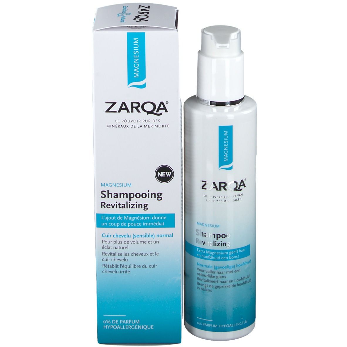 ZARQA Magnesium Shampoo und Verpackung. Weiße Flasche mit blauem Etikett. Pumpverschluss. Karton daneben.