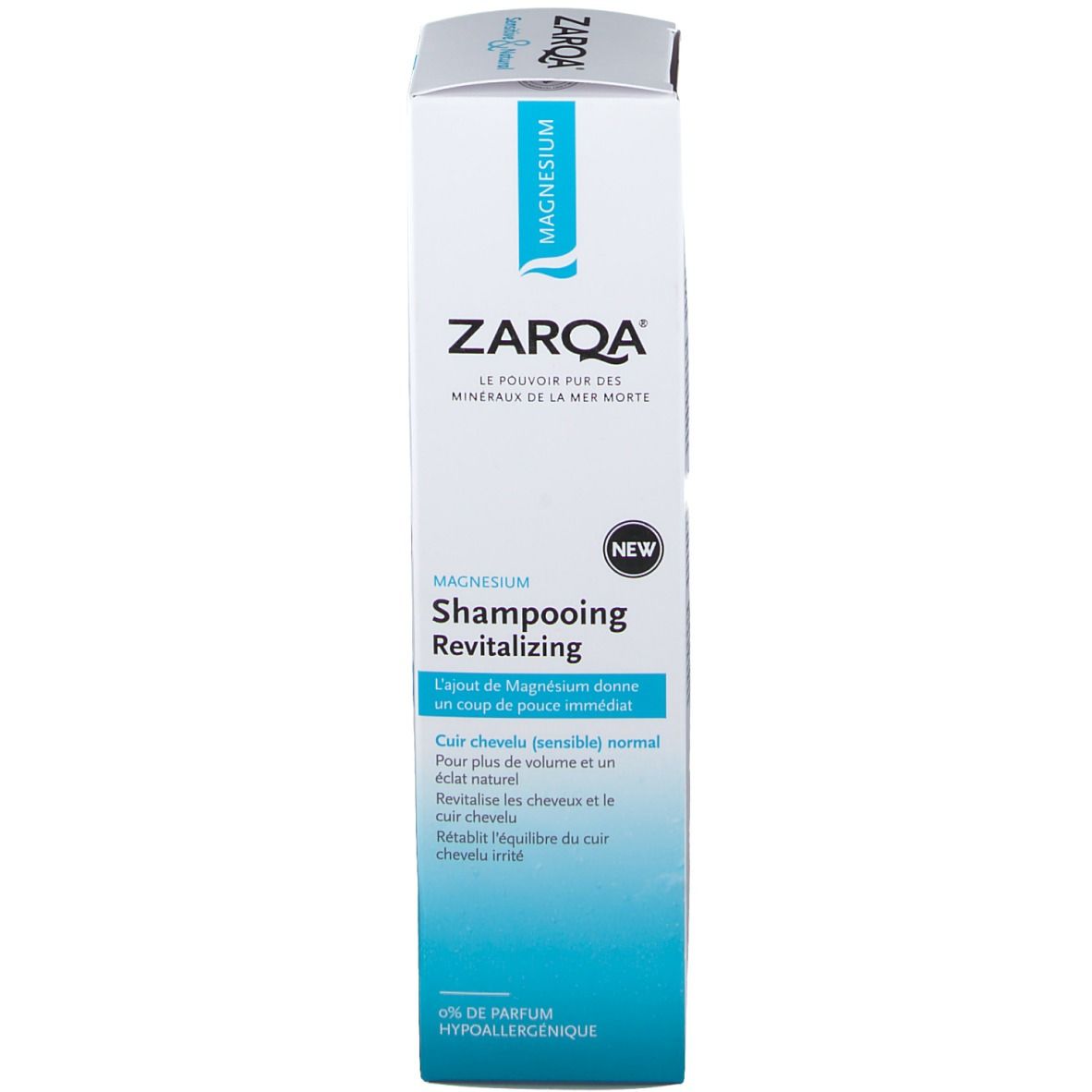 ZARQA Magnesium Shampoo Verpackung. Weiße Schachtel mit blauem Etikett. Text: Magnesium, Shampooing Revitalisant.