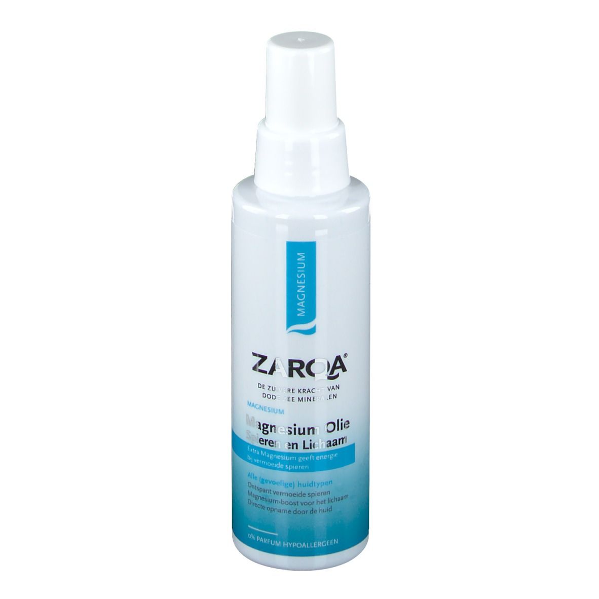 Flacon blanc avec vaporisateur. Étiquette bleue avec texte: Magnesium, ZARQA, Huile de Magnésium, pour muscles et corps.