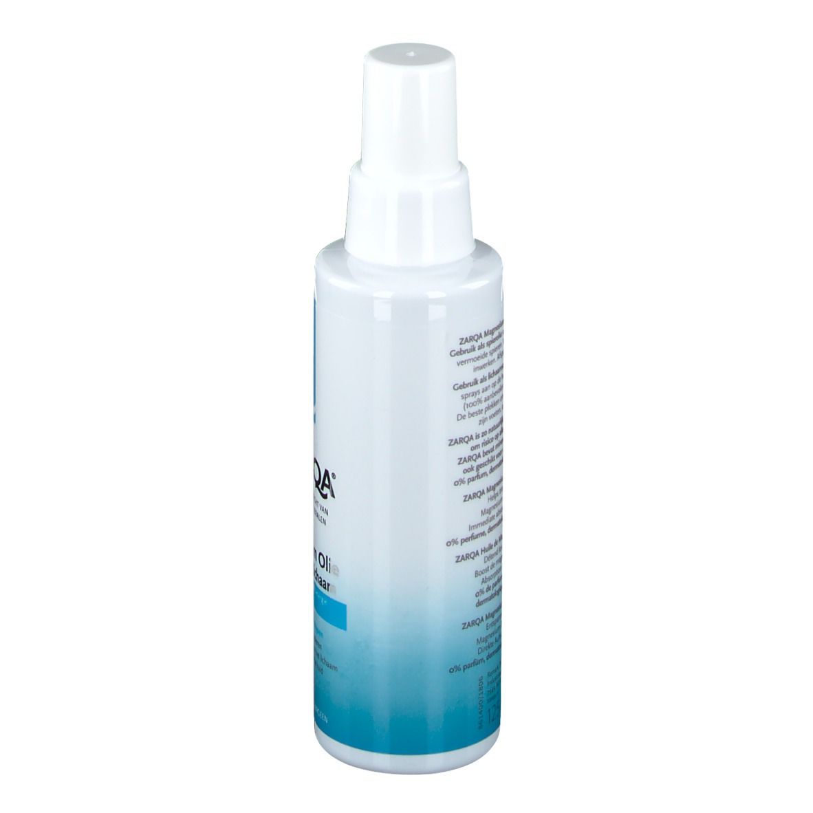 Flacon blanc avec vaporisateur. Dos avec texte. ZARQA, Huile de Magnésium, pour muscles et corps. Texte en plusieurs langues.