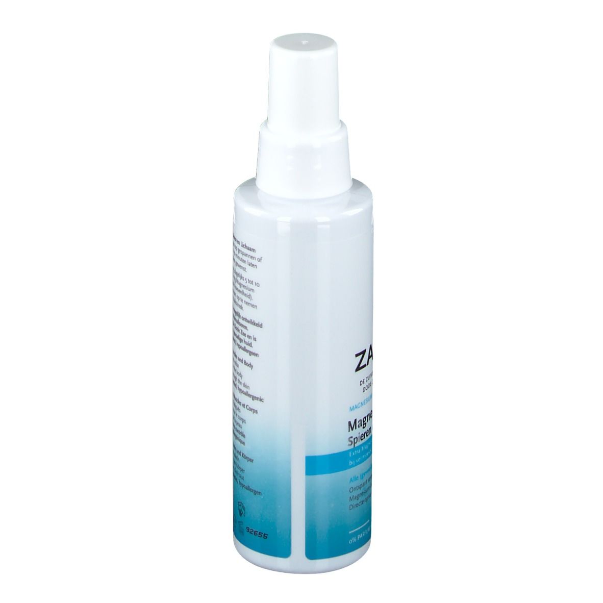 Flacon blanc avec vaporisateur. Dos avec texte. ZARQA, Huile de Magnésium, pour muscles et corps. Texte en plusieurs langues.