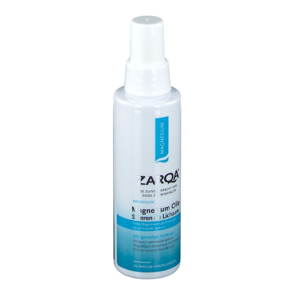 Flacon blanc avec vaporisateur. Étiquette bleue avec texte: Magnesium, ZARQA, Huile de Magnésium, pour muscles et corps.