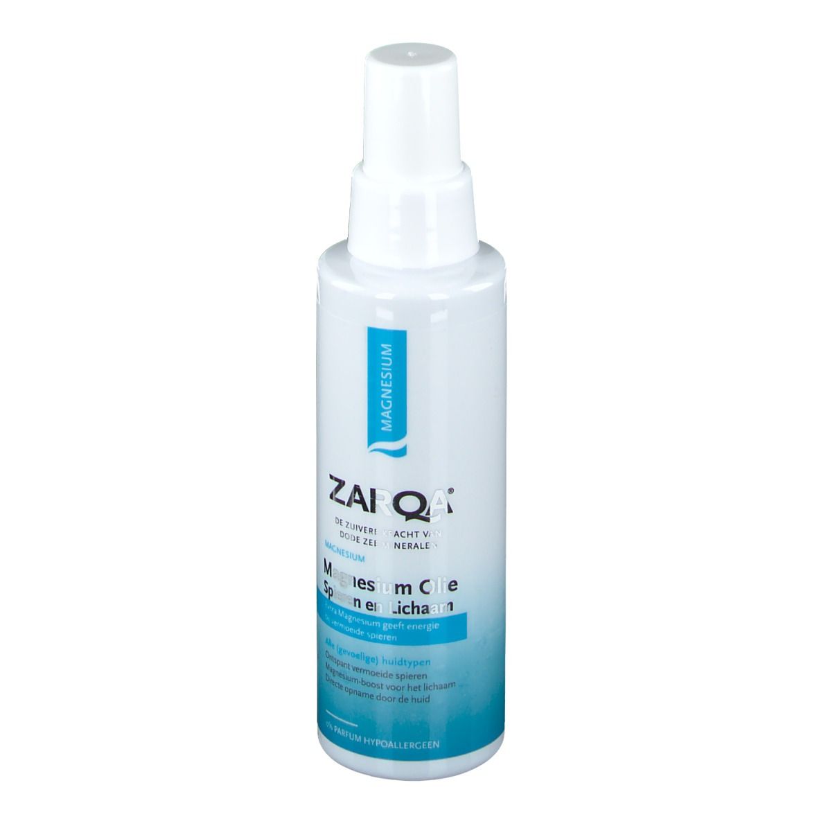 Flacon blanc avec vaporisateur. Étiquette bleue avec texte: Magnesium, ZARQA, Huile de Magnésium, pour muscles et corps.