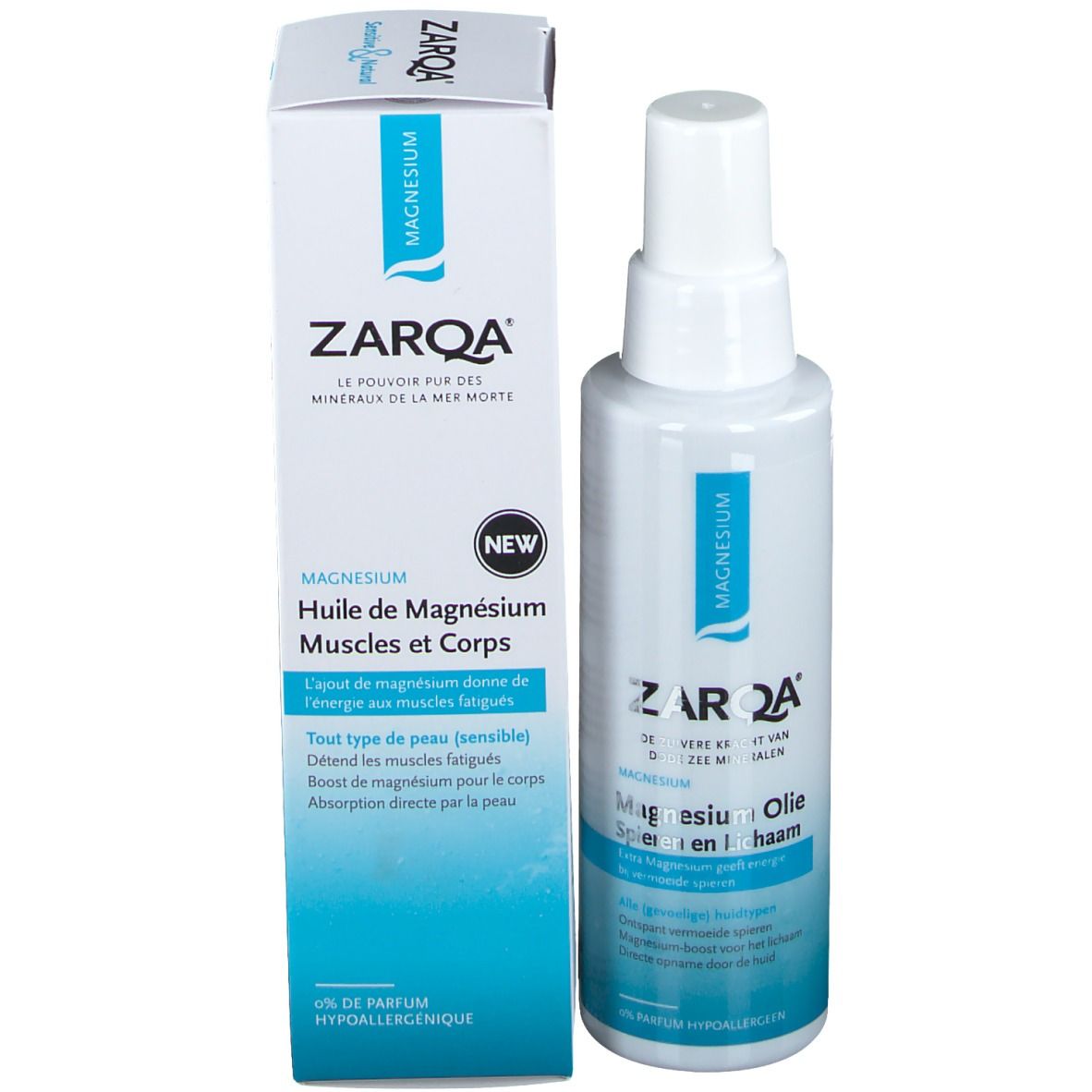 Emballage et flacon du produit. Emballage: blanc avec texte bleu. Flacon: blanc avec étiquette bleue. Texte: ZARQA, Magnésium, Huile.