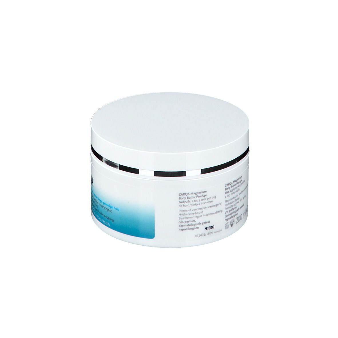 Pot blanc avec étiquette bleue. Texte en allemand. Inscription: ZARQA Body Butter Pro-Age.