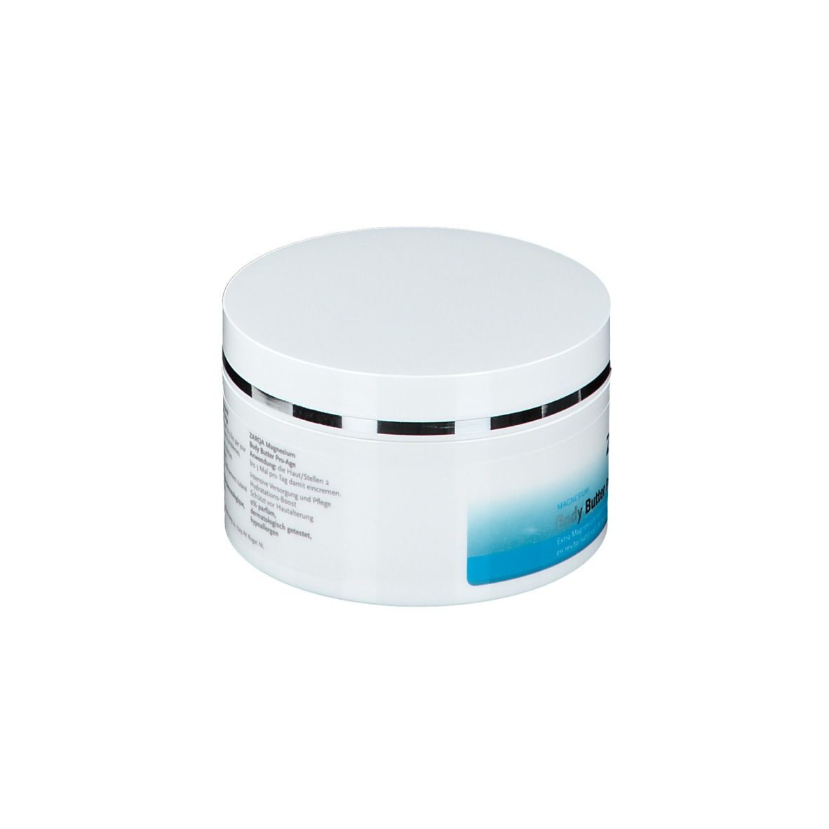 Pot blanc avec étiquette bleue. Inscription: ZARQA Body Butter Pro-Age.