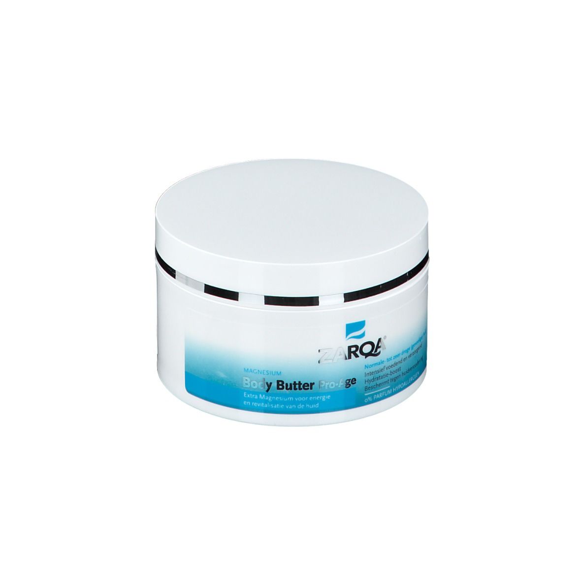 Pot blanc avec étiquette bleue. Inscription: ZARQA Body Butter Pro-Age.