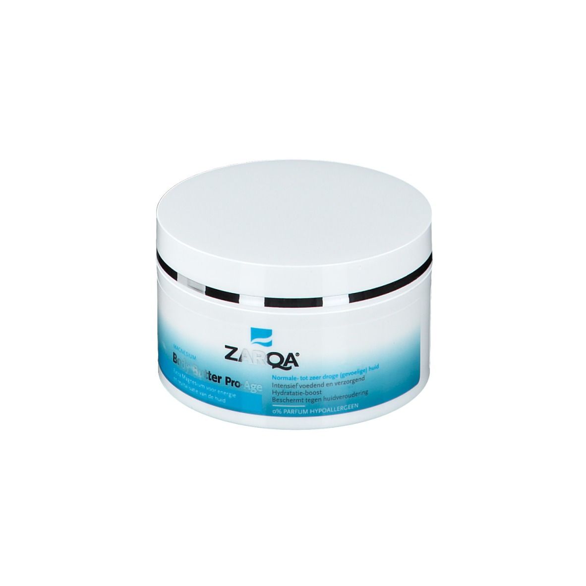 Pot blanc avec étiquette bleue. Inscription: ZARQA Body Butter Pro-Age.
