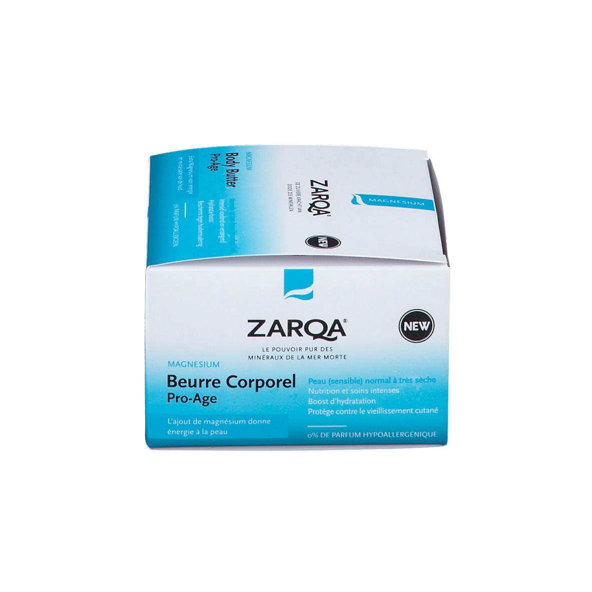 Boîte avec logo ZARQA et nom du produit: Beurre Corporel Pro-Age.