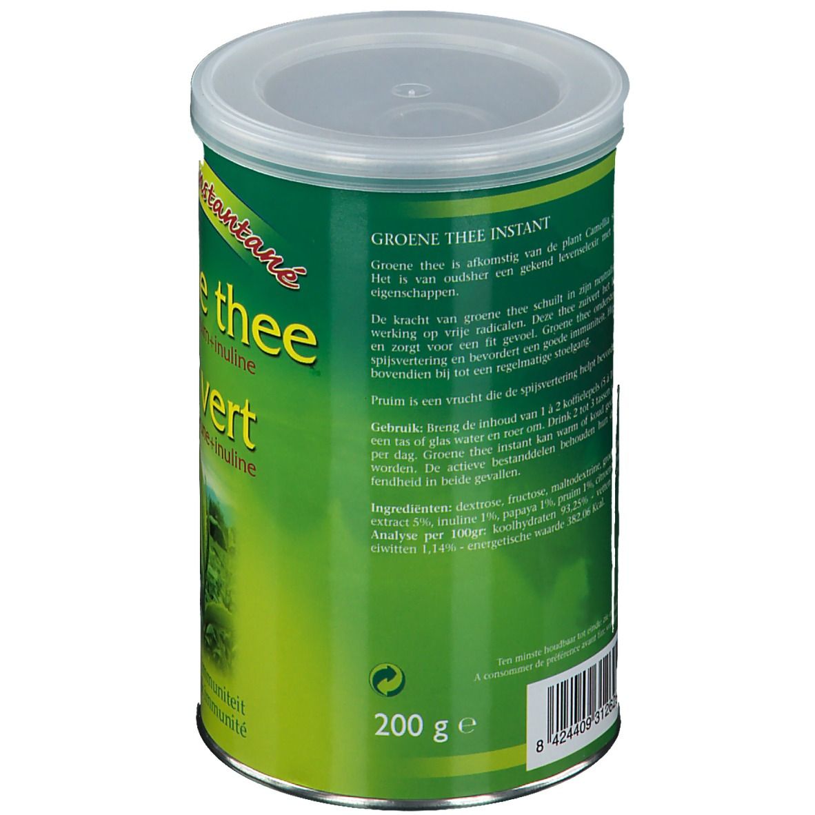 Thé vert instantané en boîte. Boîte verte et blanche avec couvercle. Texte: Groene thee instant, 200g. Liste des ingrédients.