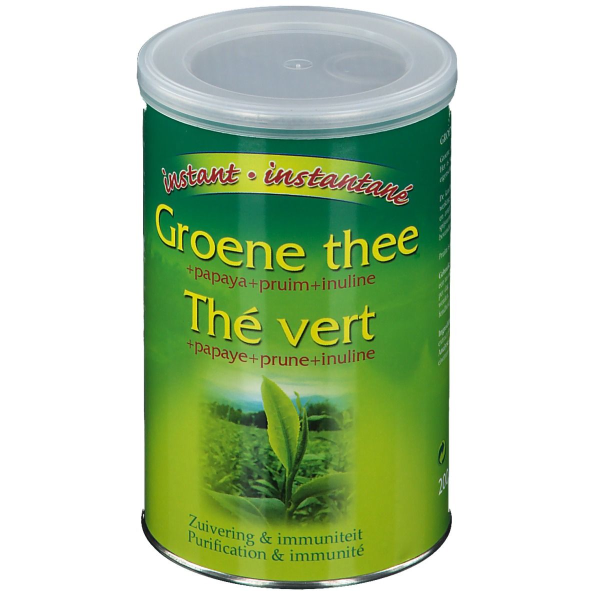 Thé vert instantané en boîte. Boîte verte et blanche avec couvercle. Texte: Groene thee, Thé vert. Avec papaye, prune, inuline.
