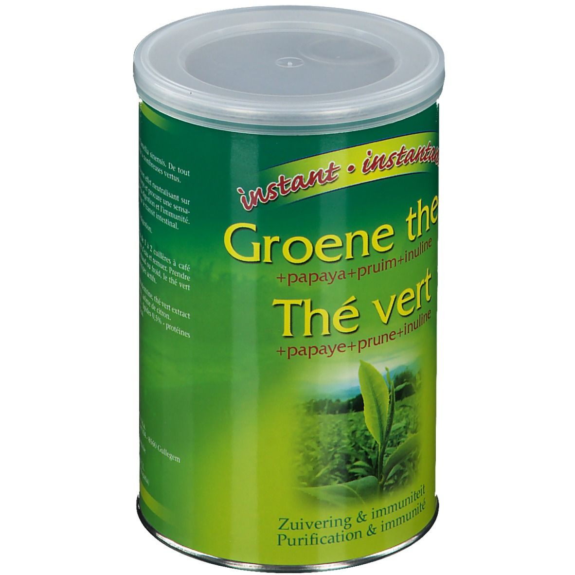 Thé vert instantané en boîte. Boîte verte et blanche avec couvercle. Texte: Groene thee, Thé vert. Avec papaye, prune, inuline.