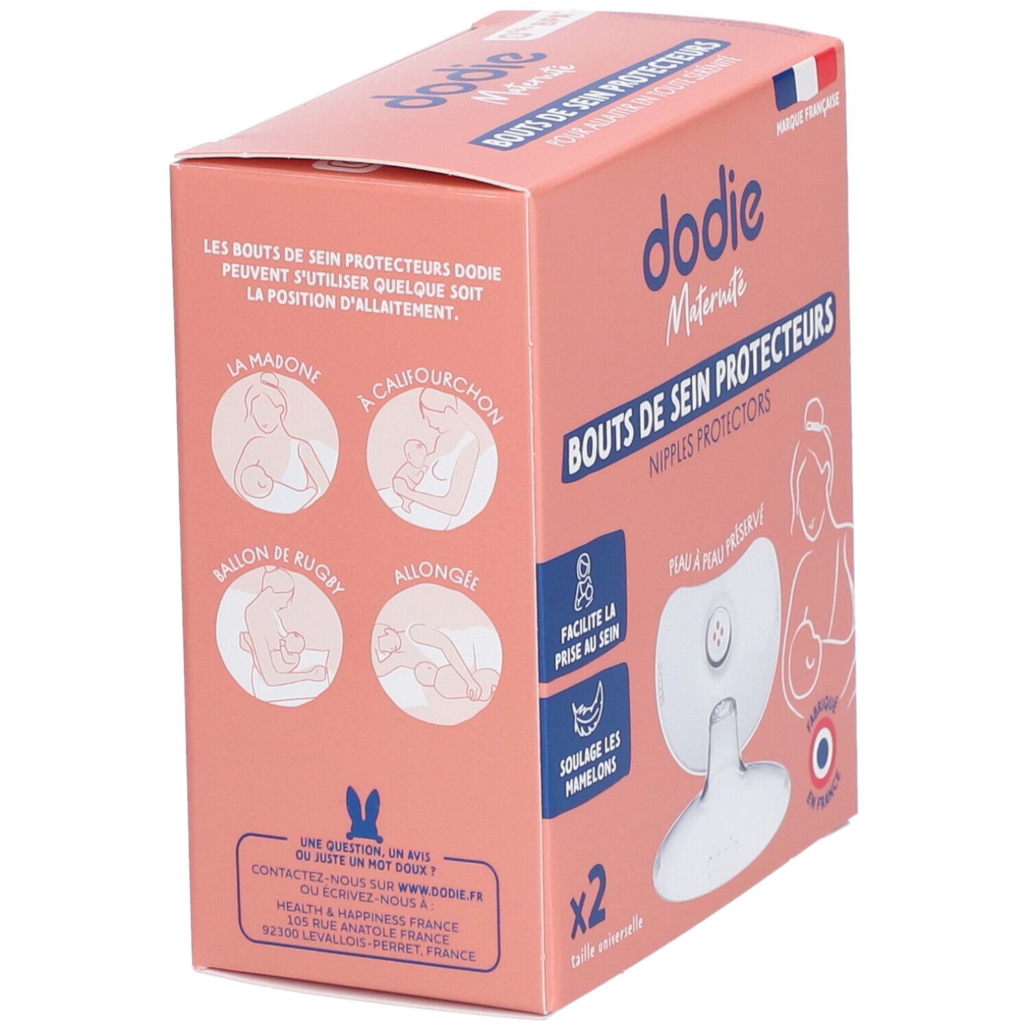 Verpackung für Dodie Muttermilch-Schutzaufsätze, zeigt Abbildungen von Stillpositionen und Produktmerkmalen.