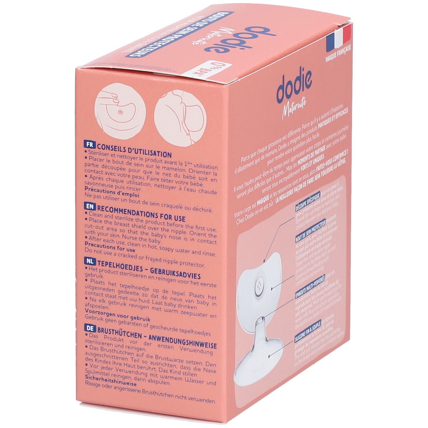 Verpackung für Dodie Brusthütchen mit Anwendungshinweisen und Produktabbildung.