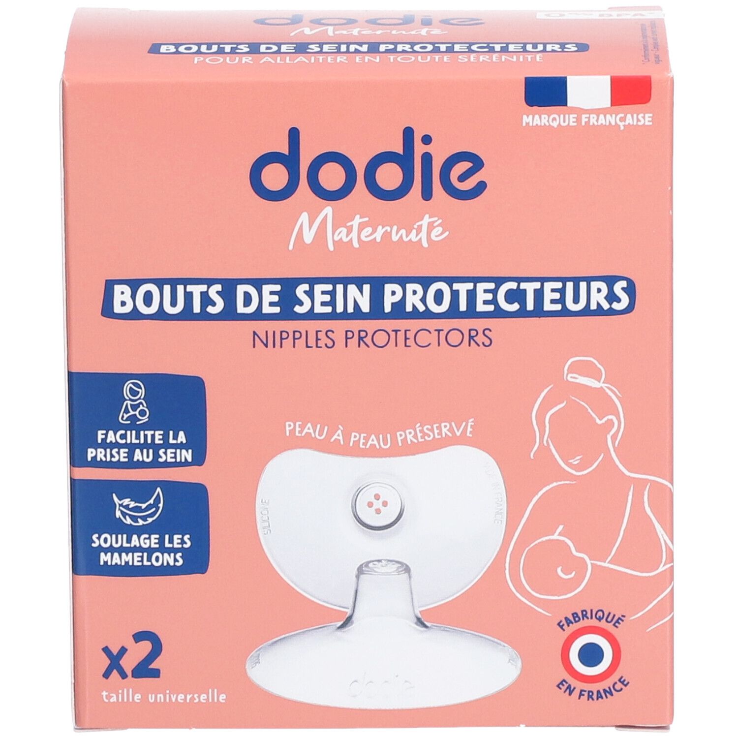 Verpackung mit zwei Dodie Mutterschutz-Nippelprotektoren, universelle Größe.