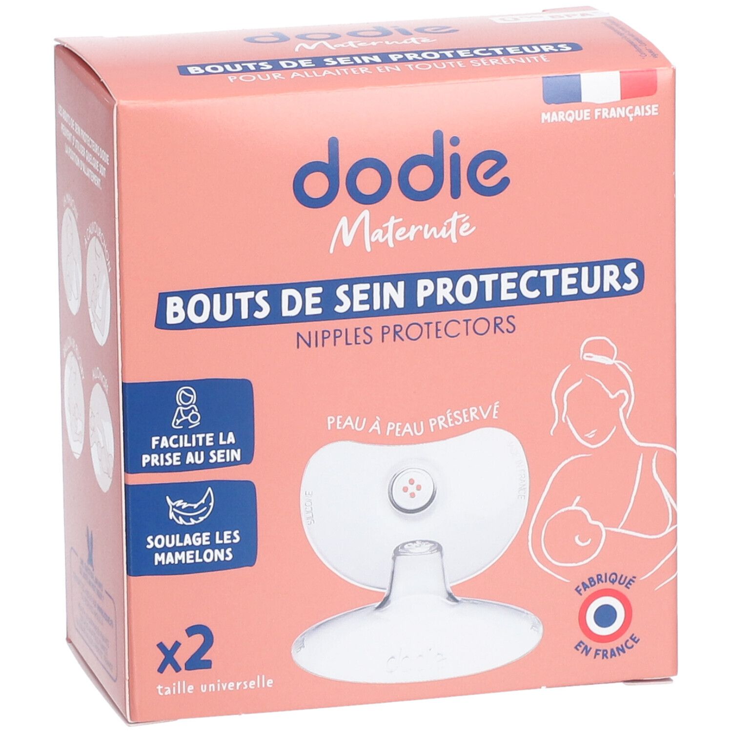 Verpackung für Dodie Muttermilch-Schutzaufsätze, 2 Stück, universelle Größe.