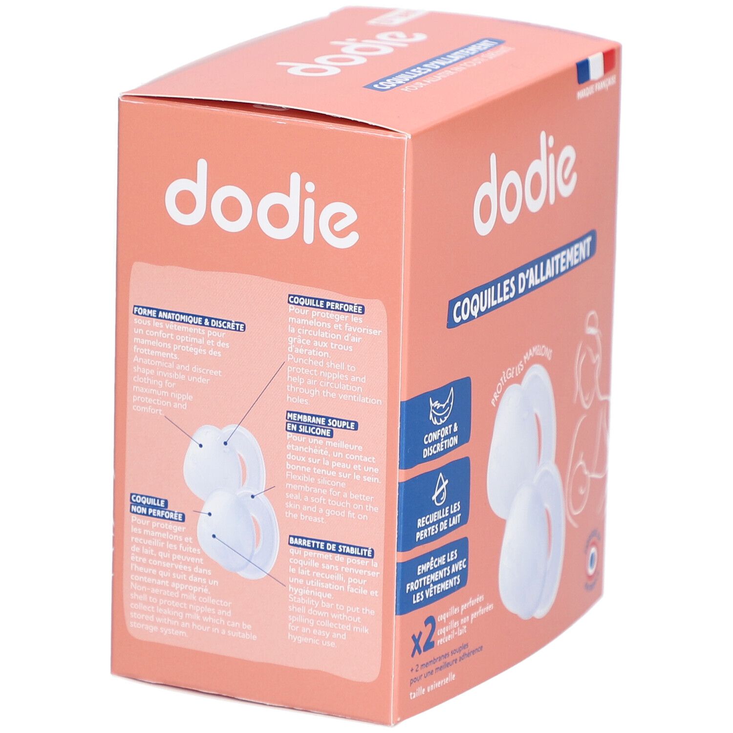 Rückseite der Verpackung für dodie Stillschalen mit detaillierten Produktinformationen und Anwendungshinweisen.