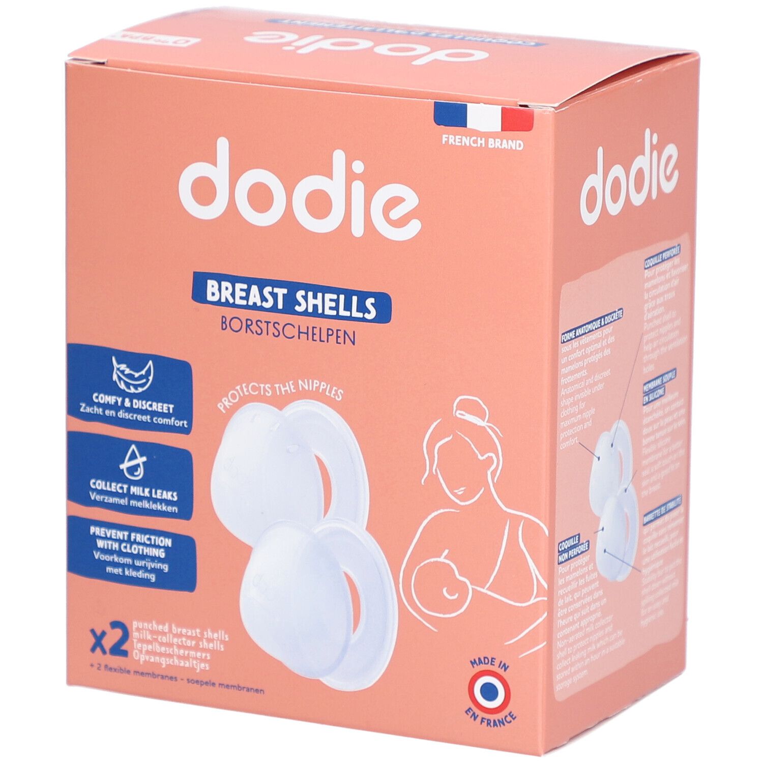 Verpackung für dodie Brustschalen, mit Abbildungen von Schalen und einer Mutter mit Baby.