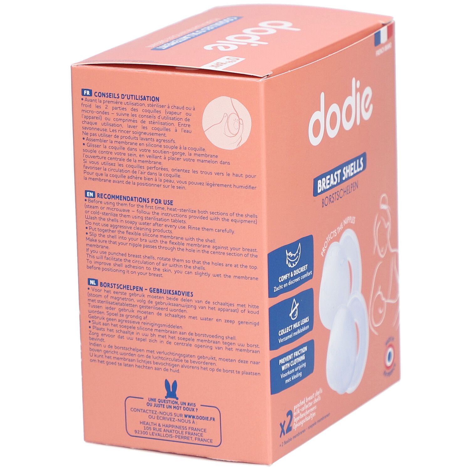 Rückseite der Verpackung für dodie Brustschalen mit Anwendungshinweisen und Produktmerkmalen.