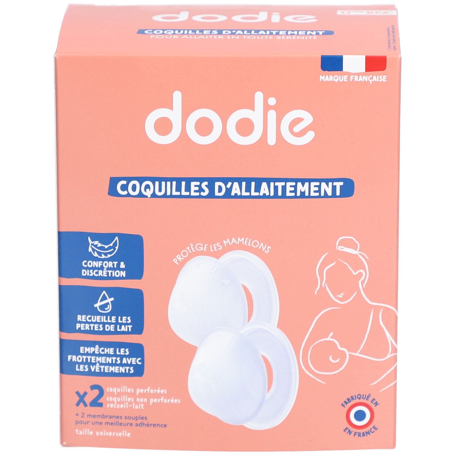 Verpackung für dodie Stillschalen, mit Abbildungen von Schalen und einer Mutter mit Baby.