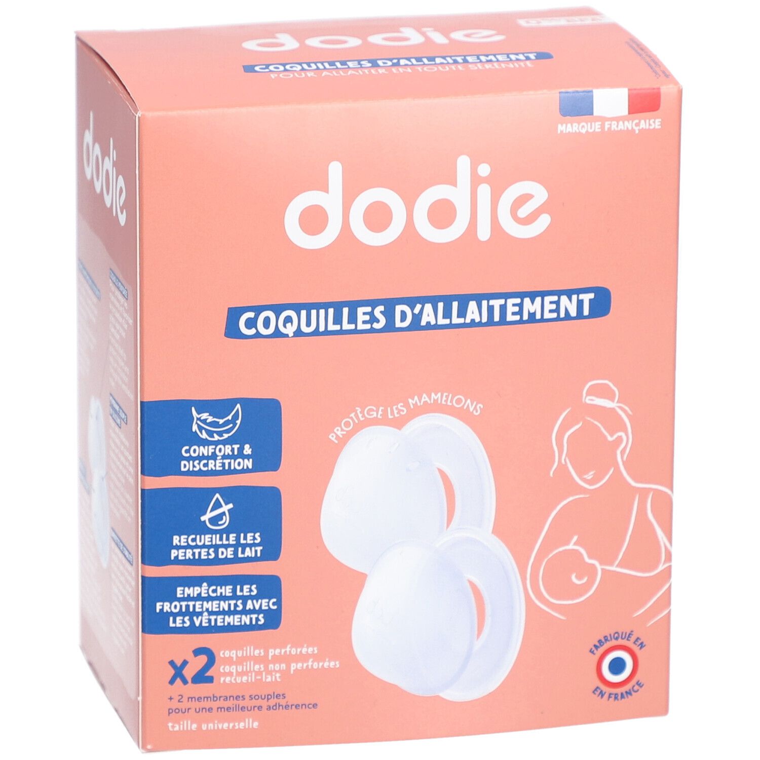 Verpackung für dodie Stillschalen, mit Abbildungen von Schalen und einer Mutter mit Baby.