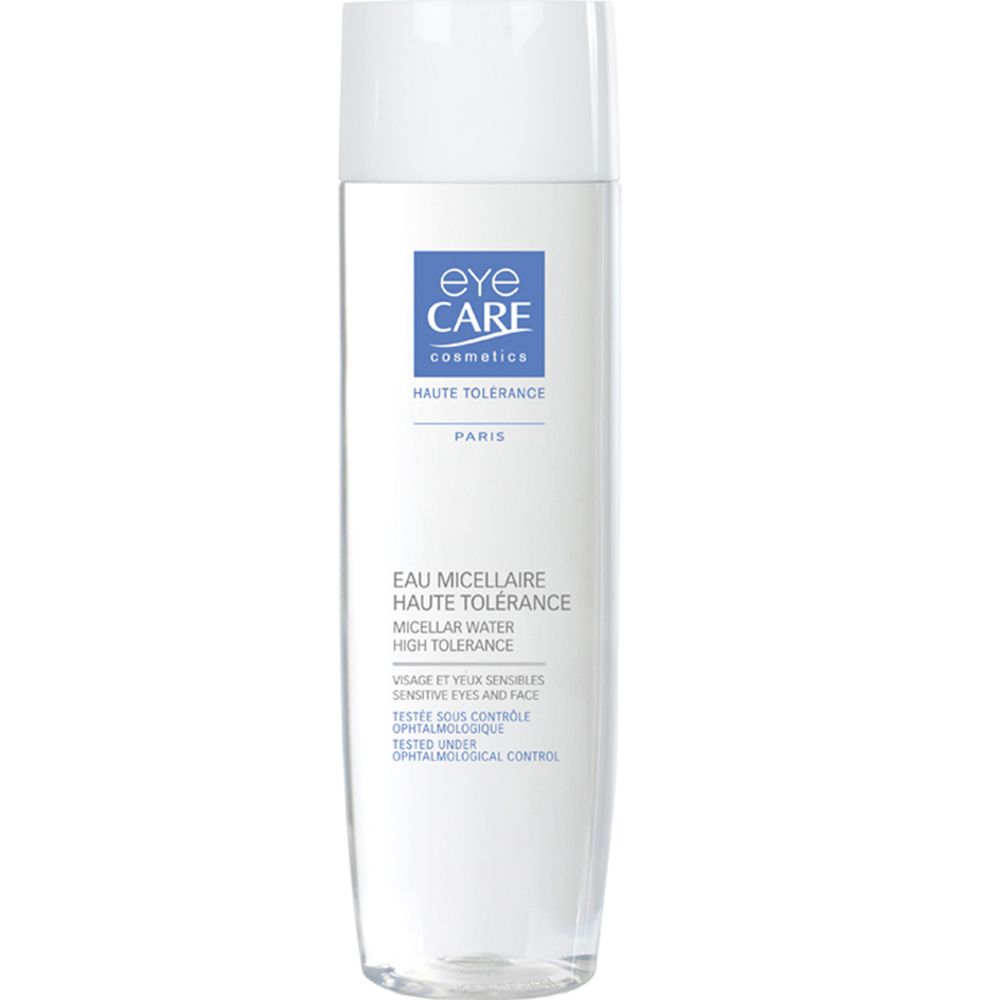 Flacon cylindrique transparent avec bouchon blanc. Inscription: EYE CARE, Haute Tolérance, Eau Micellaire, pour yeux sensibles.