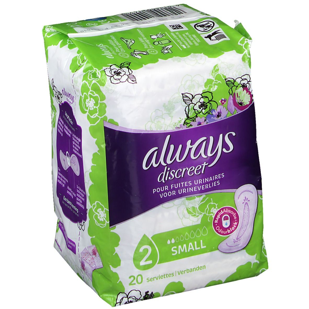 Verpakking Always Discreet incontinentie inlegkruisjes Small plus. Groen-witte verpakking met productafbeelding en tekst.