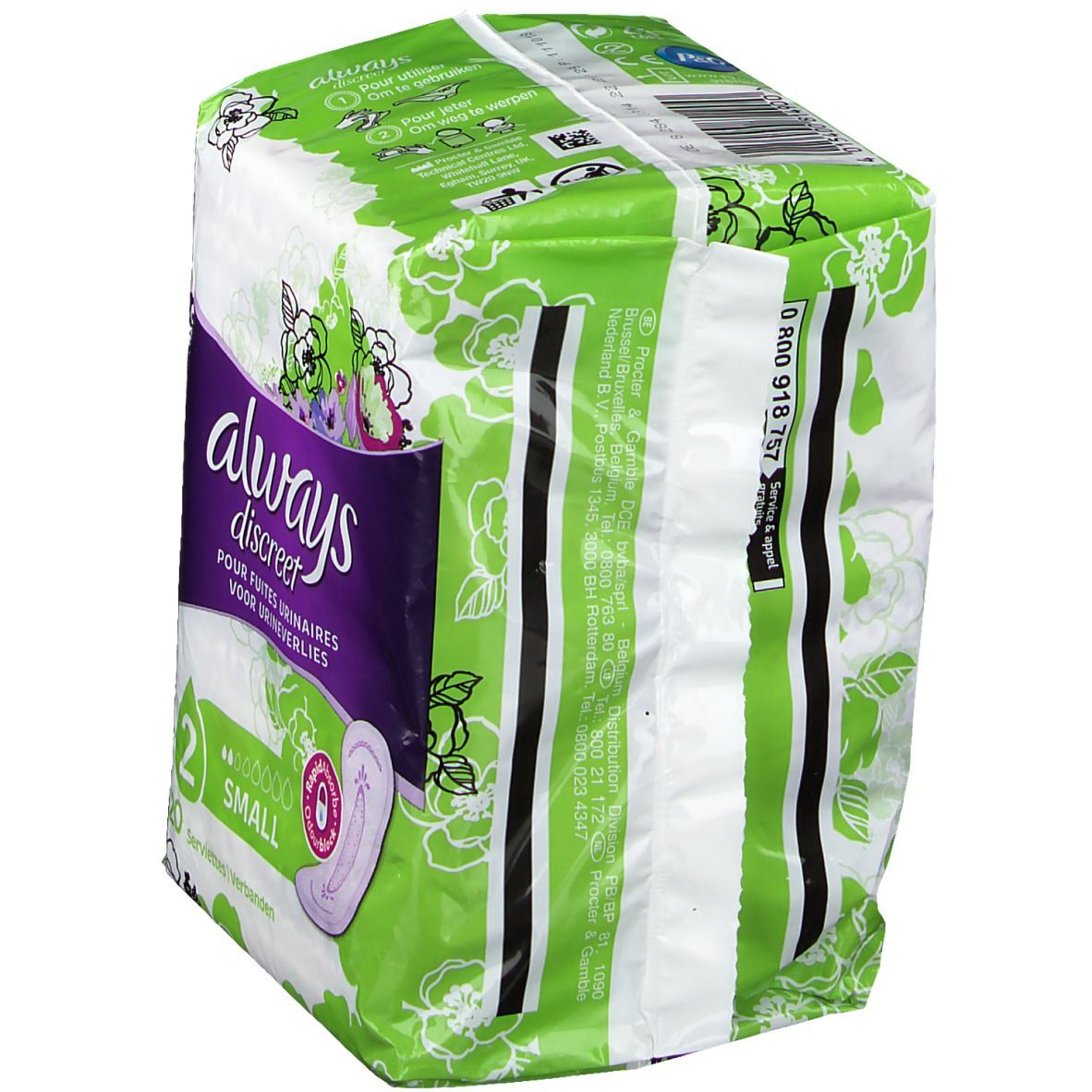 Verpakking Always Discreet incontinentie inlegkruisjes Small plus. Zijaanzicht van de groen-witte verpakking met productinfo.