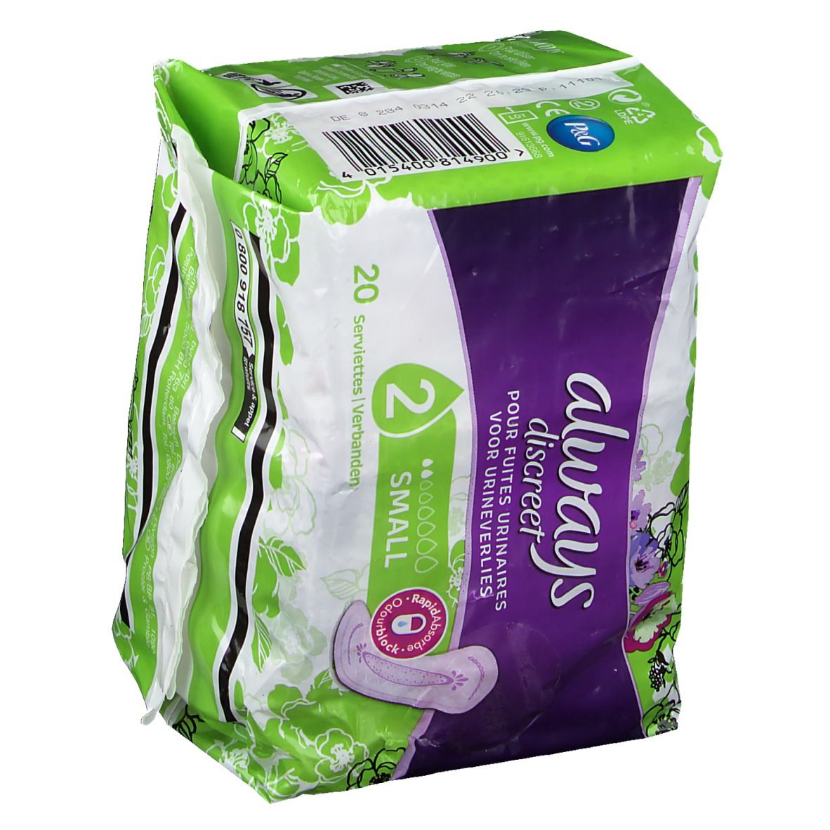 Verpakking Always Discreet incontinentie inlegkruisjes Small plus, licht geopend. Groen-witte verpakking met productinfo.