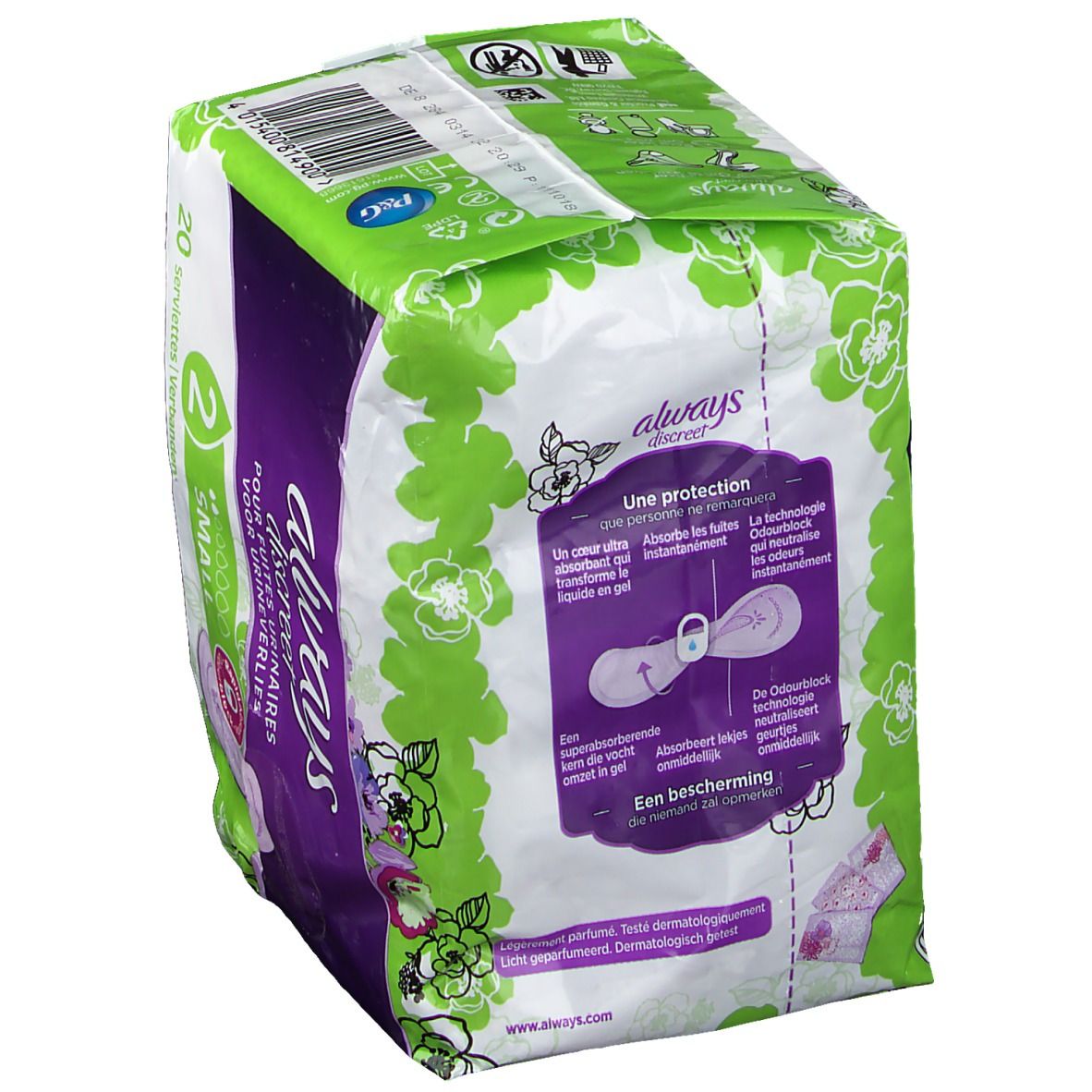Achterkant van de Always Discreet incontinentie inlegkruisjes Small plus verpakking. Groen-witte verpakking met productinfo.