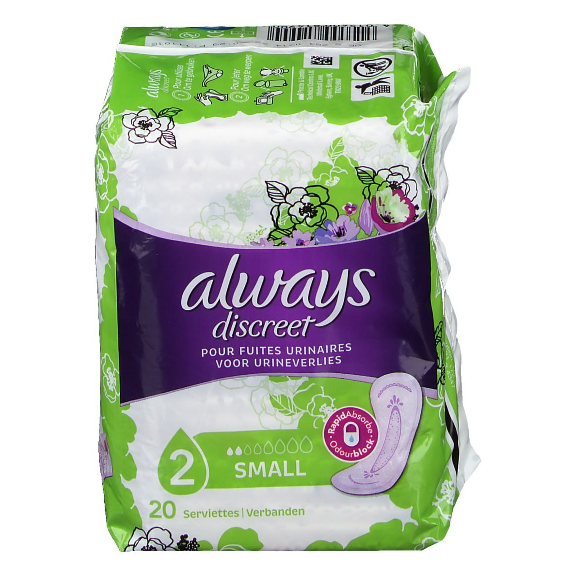 Verpakking Always Discreet incontinentie inlegkruisjes Small plus. Groen-witte verpakking met productafbeelding en tekst.