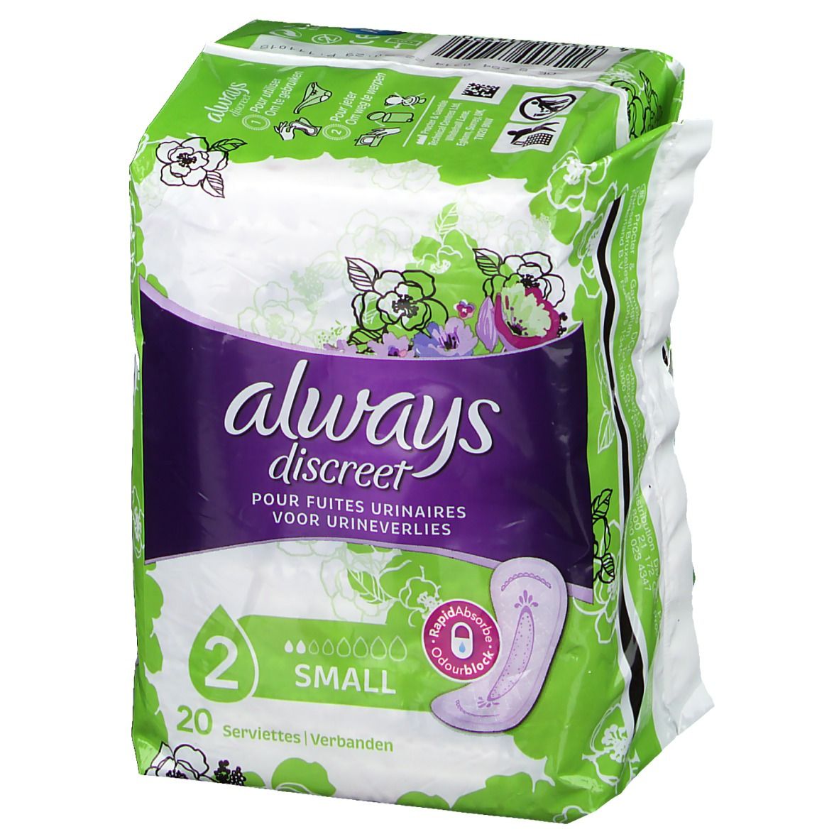 Verpakking Always Discreet incontinentie inlegkruisjes Small plus. Groen-witte verpakking met productafbeelding en tekst.