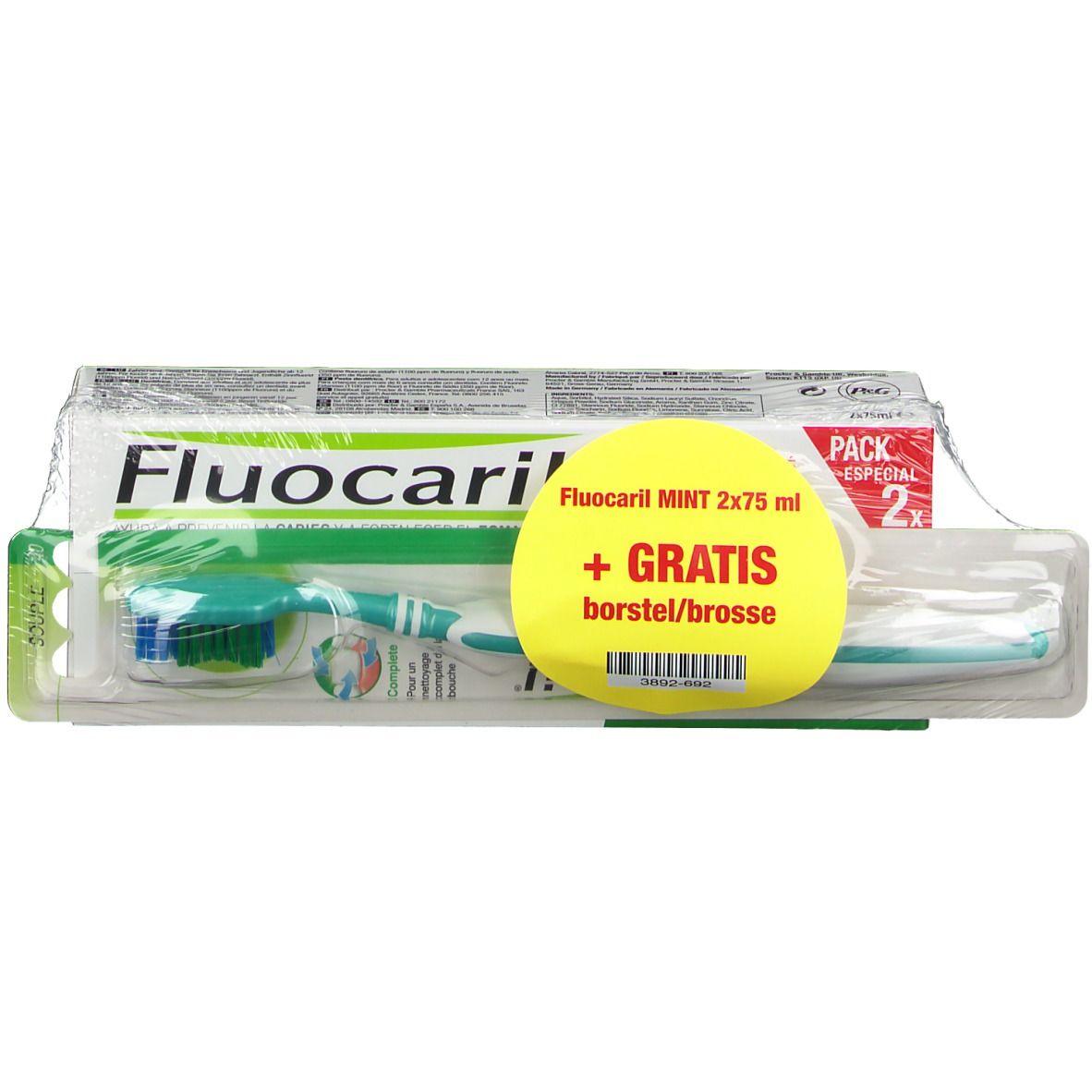 Pack de dentifrice et brosse à dents. Étiquette jaune avec texte.